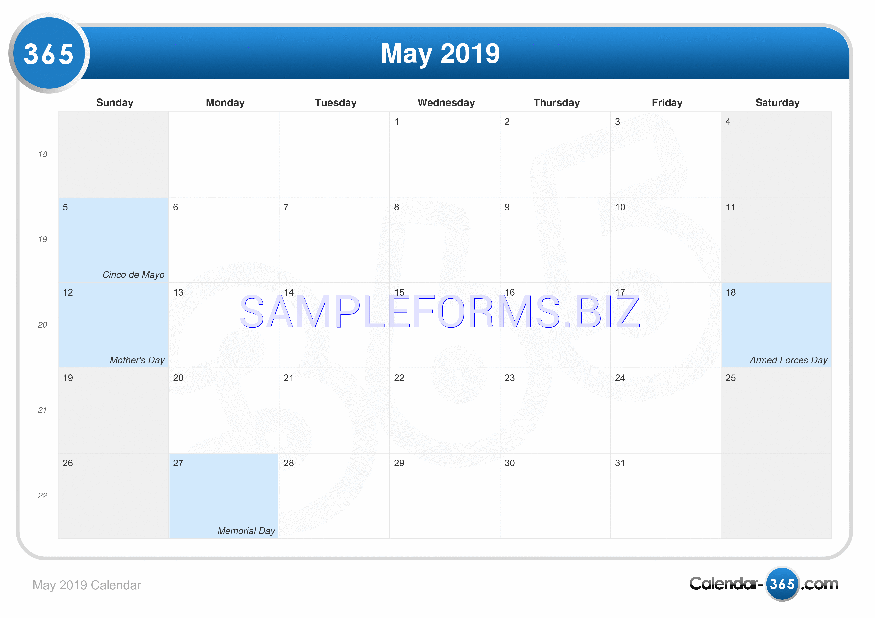 Preview free downloadable May 2019 Calendar 2 in PDF (page 1)